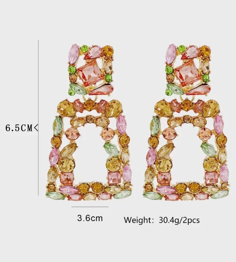 Rhinestone Geometric Drop Earrings with Multicolour Crystals for Elegant Occasions