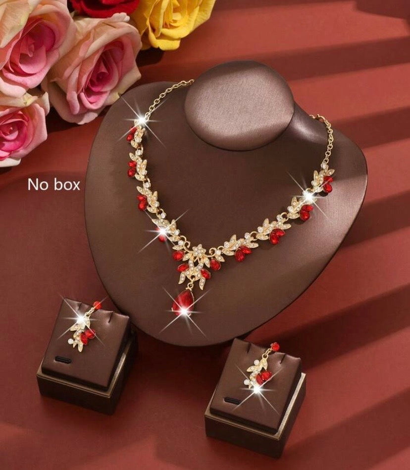 3pcs /Red/Blue choice/ Luxury Wedding Party Women Dresses Rhinestone Diamond Decor Jewelry Fashion Sparkly Choker Necklace & Earrings Set Prom Costume Jewelry Set Accessories (2 Earrings And 1 Necklace)