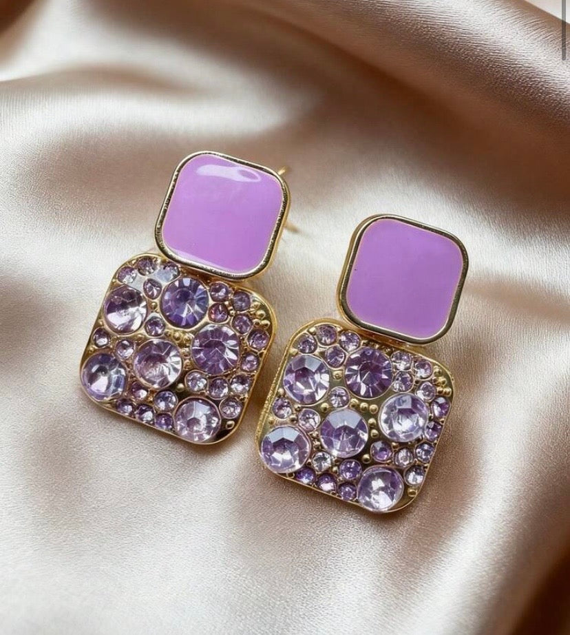 1 Pair Purple Geometric Vintage Square Rhinestone Dangle Earrings, Suitable For Women's Daily And Festival Wear (Note: The Position Of The Rhinestones May Differ From The Picture, Please Refer To The Detailed Images)
