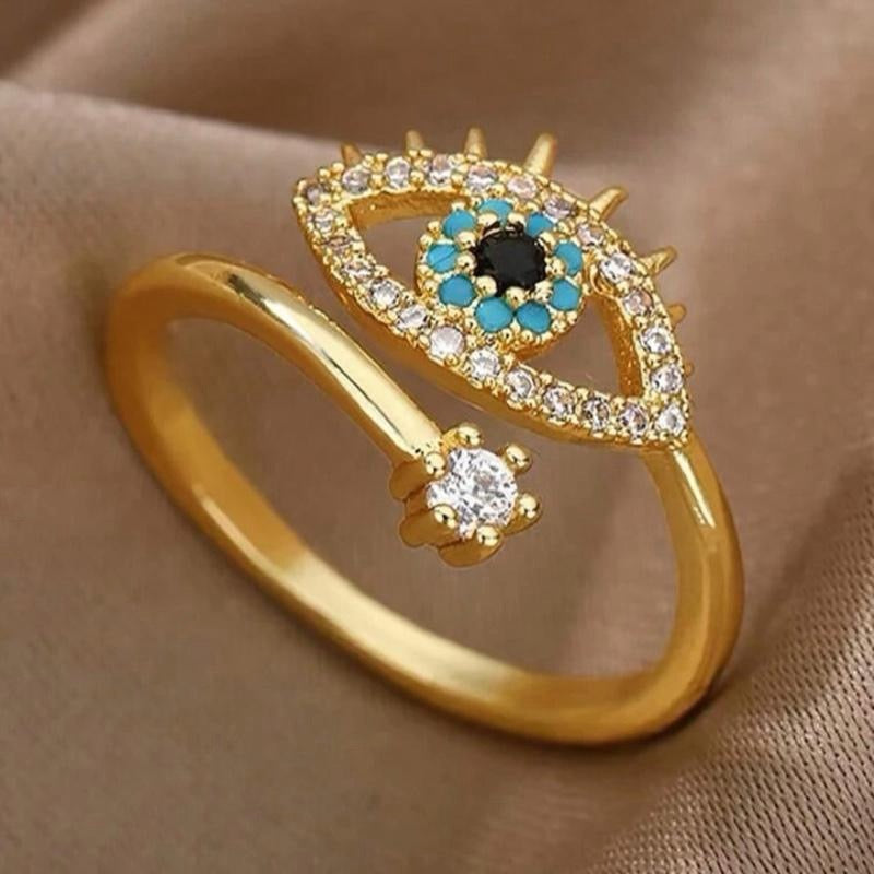1pc Gold/Silver Fashionable Cubic Zirconia Demon Eye Decor Open Ring for Women's Daily Wear Elegant Jewelry