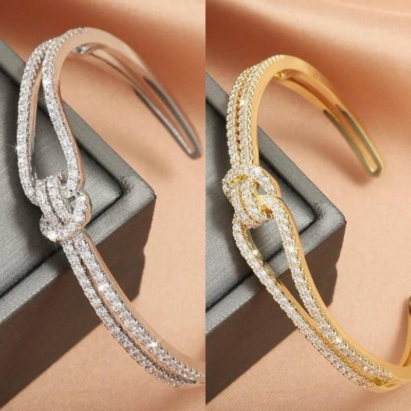 Gold/Silver Elegant Knot Cubic Zirconia Bangle Bracelet for Women Everyday Wear Fashionable Design with Glamour Stones