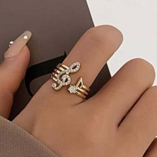 Gold/Silver Rhinestone Music Note Decor Cuff Ring Gold Silver Elegant Jewelry for Music Lovers with Sparkling Stones British Style