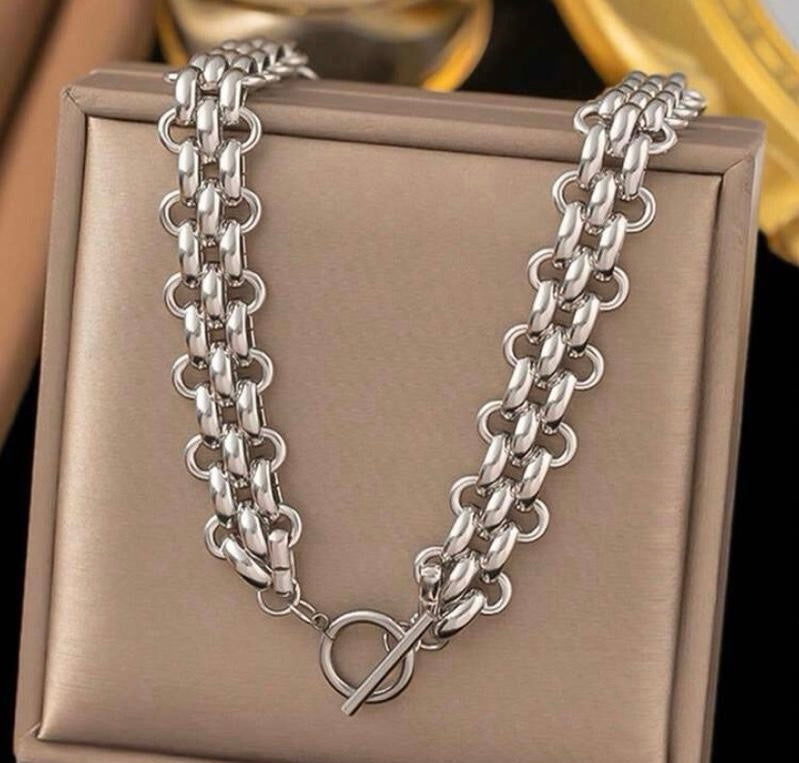 2pcs/Set Stainless Steel Silver/Gold ,Personalized Hip-Hop Exaggerate Thick Chain Necklace + Bracelet Jewelry Set, Suitable For Daily Wear, Festival Gift