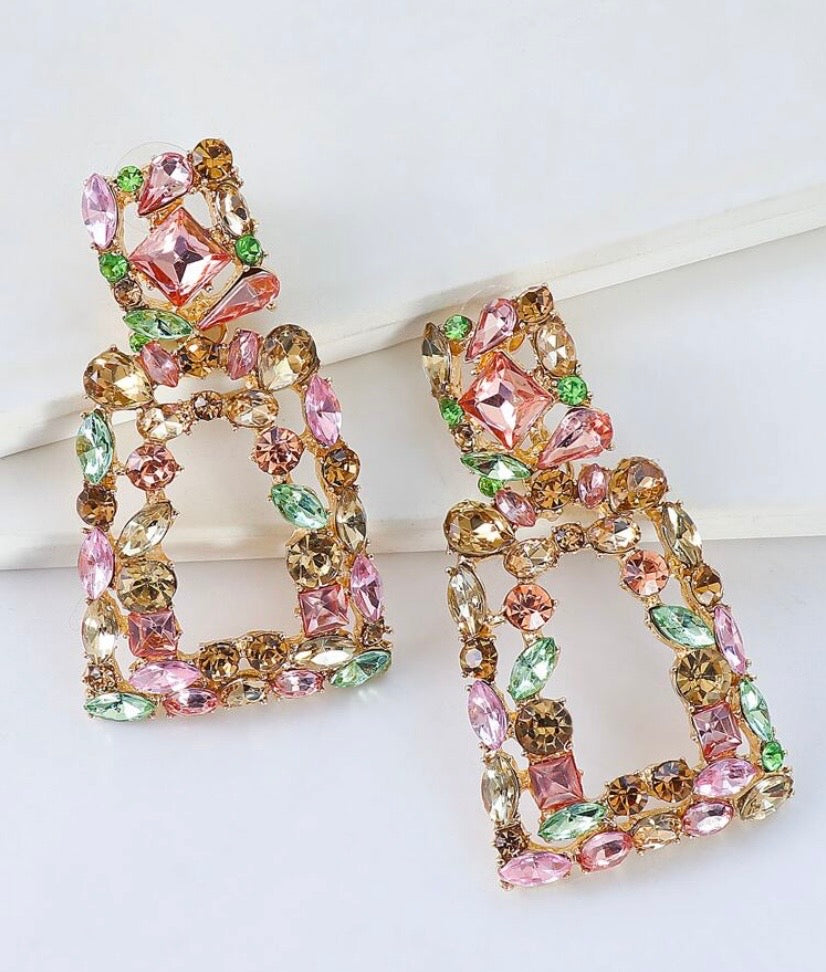Rhinestone Geometric Drop Earrings with Multicolour Crystals for Elegant Occasions