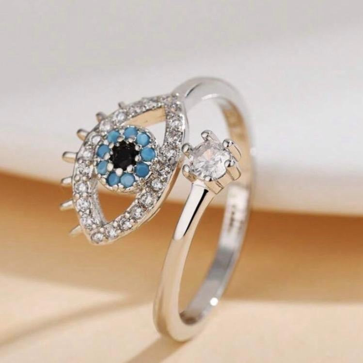 1pc Gold/Silver Fashionable Cubic Zirconia Demon Eye Decor Open Ring for Women's Daily Wear Elegant Jewelry
