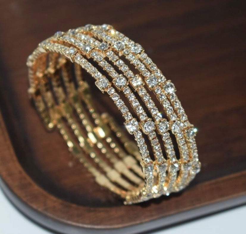 Multi-Layer Fashionable Rhinestone Wrapped Open Cuff Handmade Bracelet for Women Elegant Jewelry Accessory