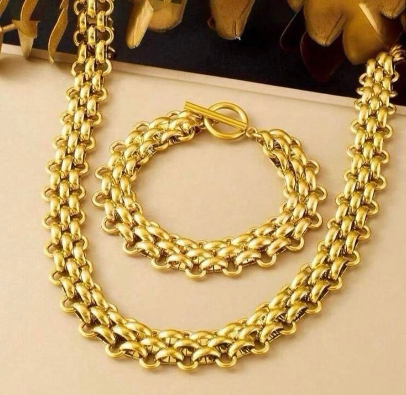 2pcs/Set Stainless Steel Silver/Gold ,Personalized Hip-Hop Exaggerate Thick Chain Necklace + Bracelet Jewelry Set, Suitable For Daily Wear, Festival Gift