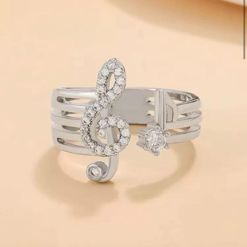 Gold/Silver Rhinestone Music Note Decor Cuff Ring Gold Silver Elegant Jewelry for Music Lovers with Sparkling Stones British Style